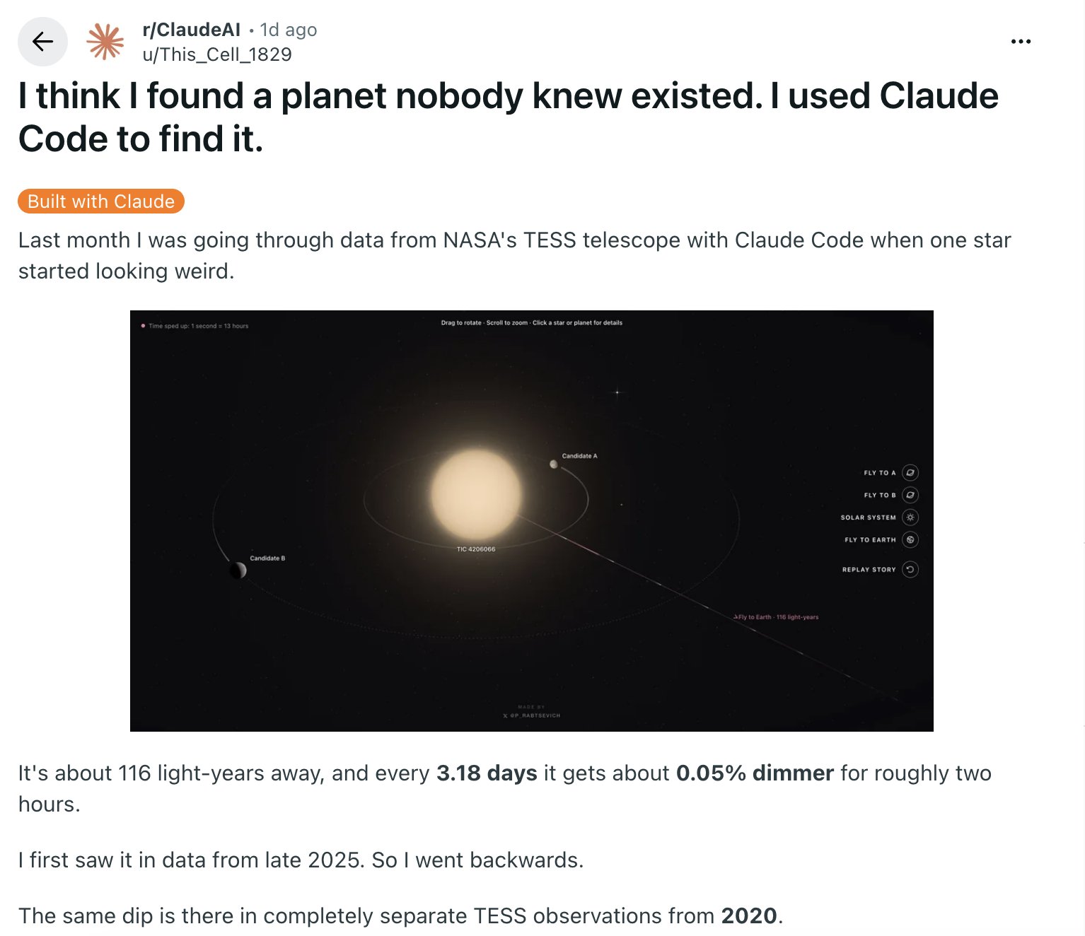 Finding a candidate planet with Claude Code